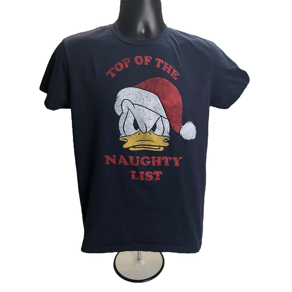 Disney Donald Duck T-shirt  in a Santa hat  Top of the Naughty List Navy Medium